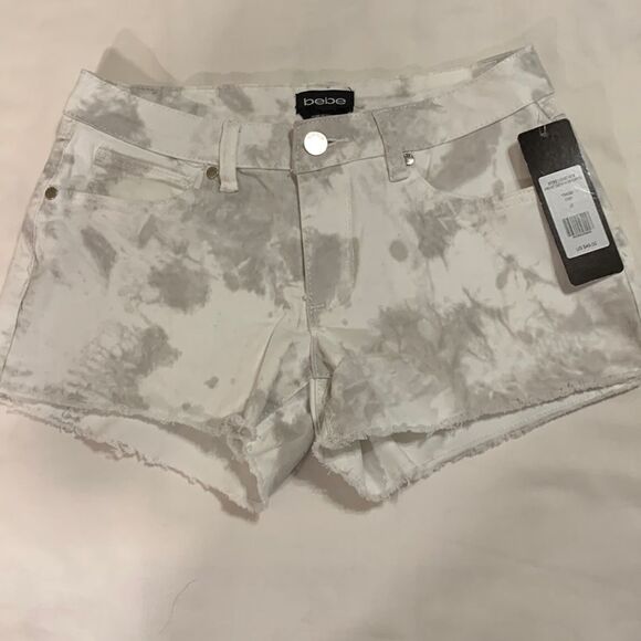 bebe Size 26 logo mix print denim shorts.  Tie dye look NWT - Picture 1 of 8